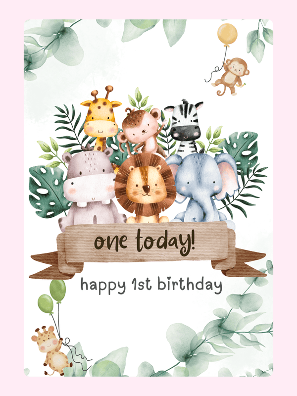 Cute animal themed first birthday cake card with personalised message and cake inside