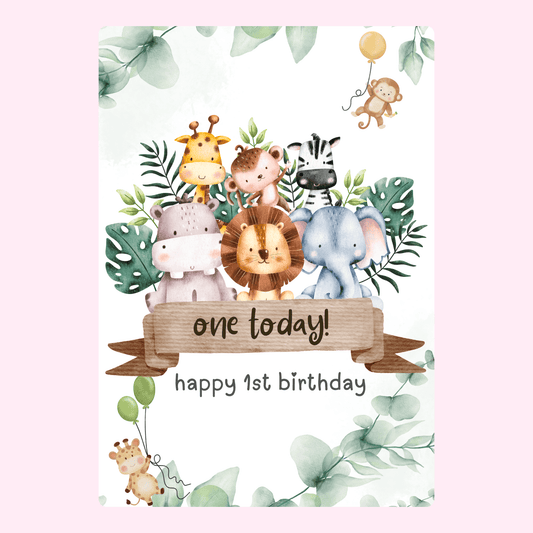 Cute animal themed first birthday cake card with personalised message and cake inside