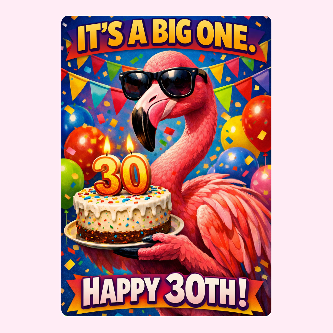 funny flamingo 30th birthday card with cake