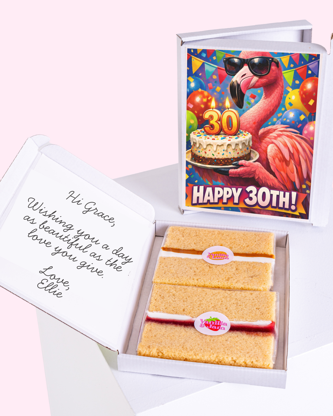 30th birthday flamingo cake card with sponge cake