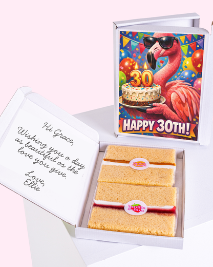 30th birthday flamingo cake card with sponge cake
