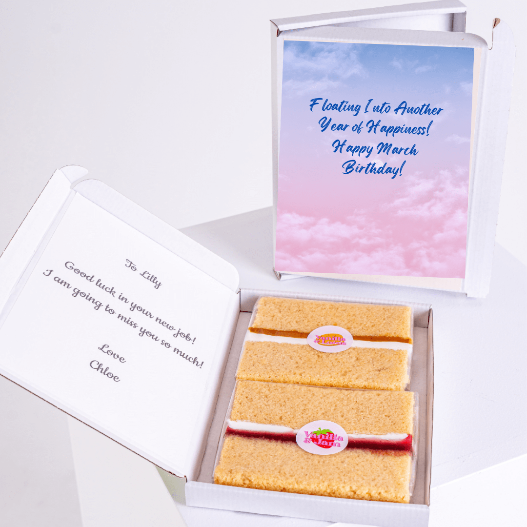 Floating Into Another Year of Happiness happy March birthday edible cake gift box with personalised message and vanilla sponge cake slices