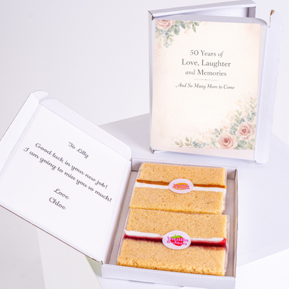 floral 50th birthday cake card with sponge slices in gift box