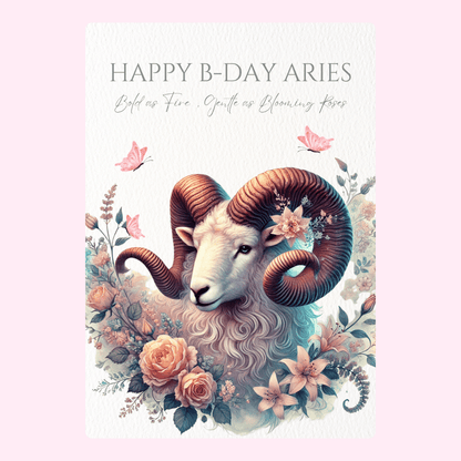 Aries birthday card with ram and flowers