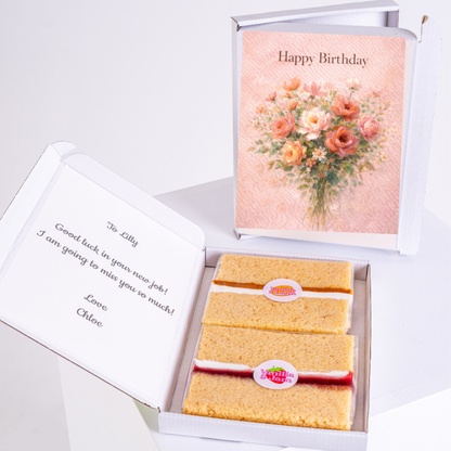 floral happy birthday cake card with gift box and slices