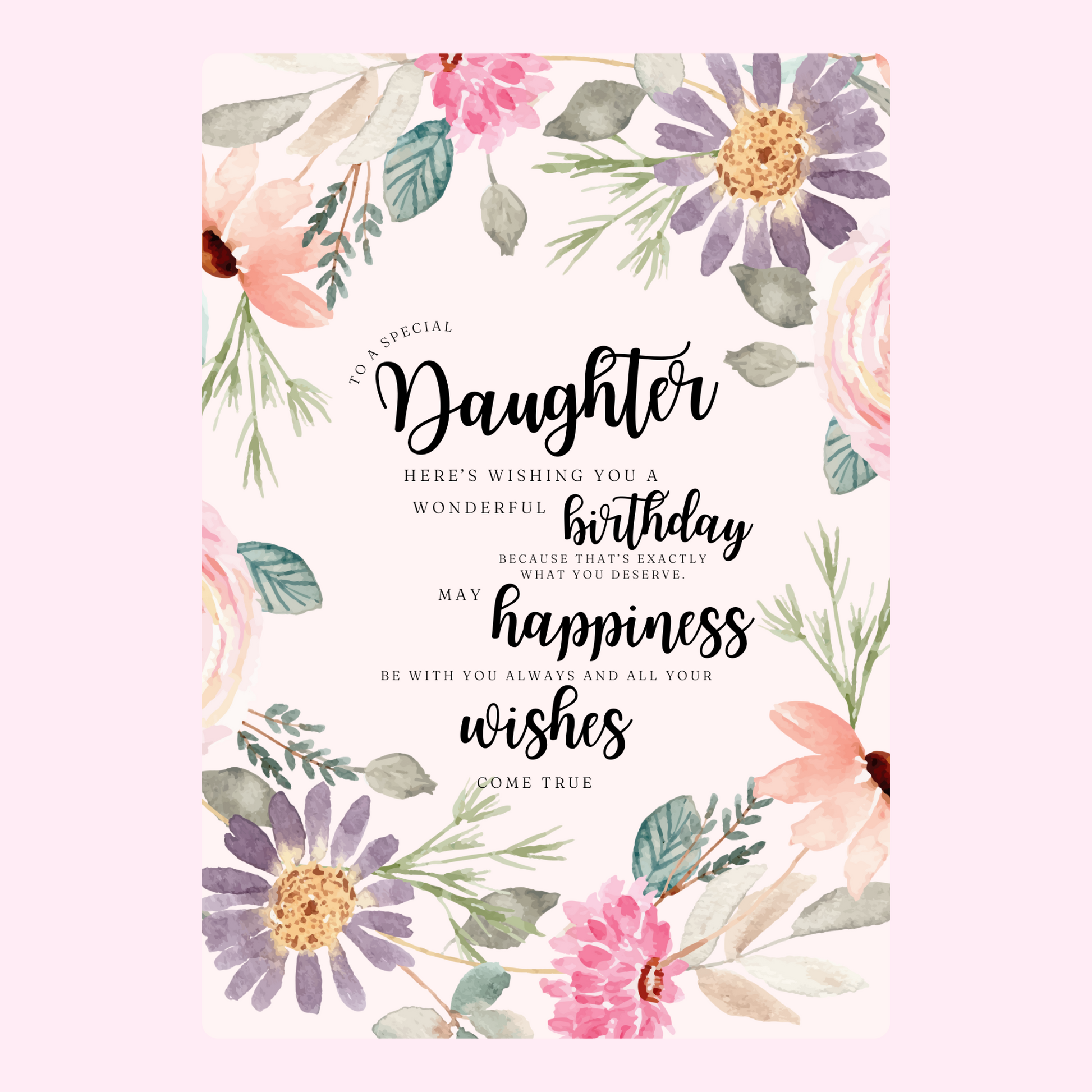 floral daughter birthday card with pastel flowers and message