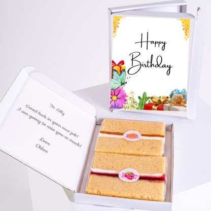 birthday cake card with floral design and gift box slices