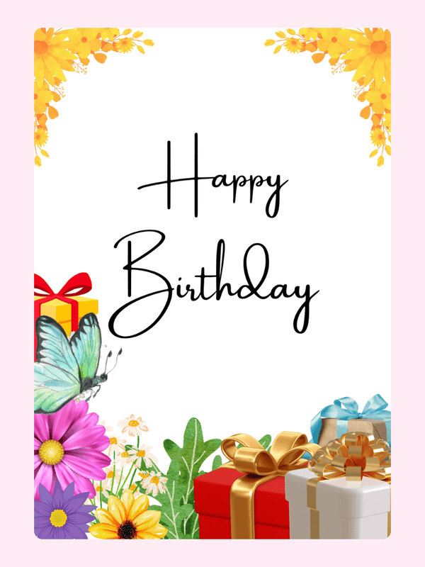 birthday card with flowers, gifts and butterfly design