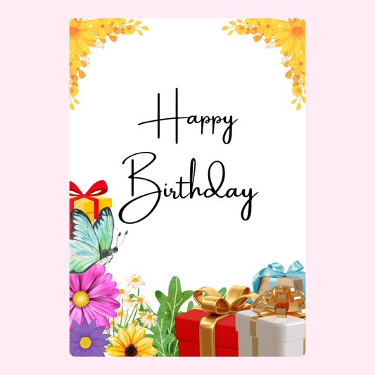 birthday card with flowers, gifts and butterfly design