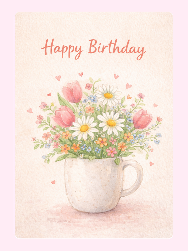 Watercolor floral bouquet happy birthday card with soft pastel design
