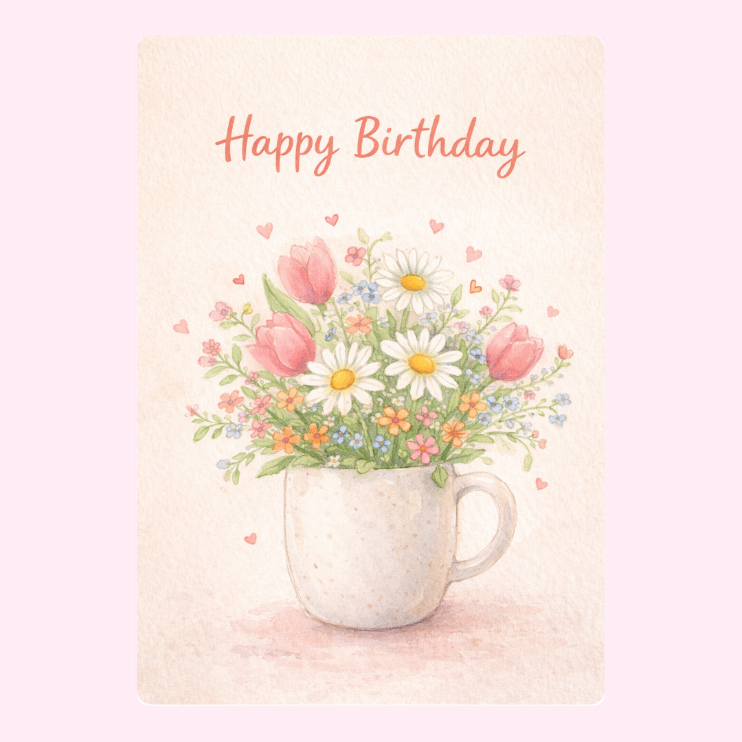 Watercolor floral bouquet happy birthday card with soft pastel design