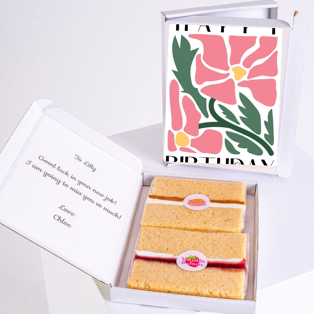 floral happy birthday card with pink flower illustration in gift box