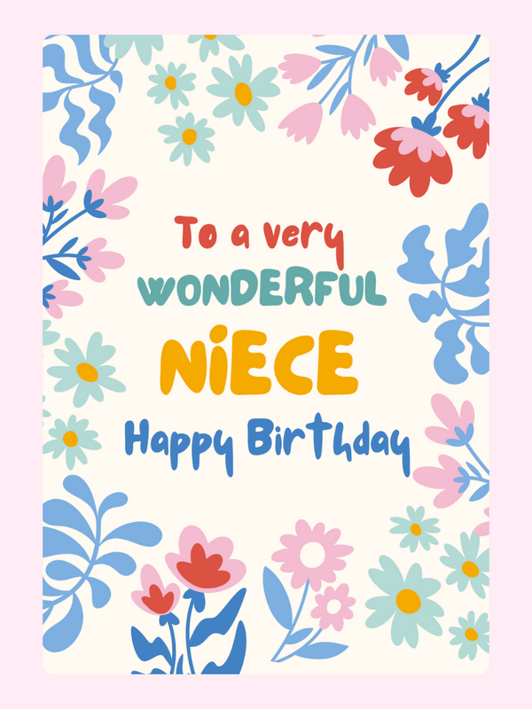 Happy birthday niece card with colourful floral illustration and pastel flowers