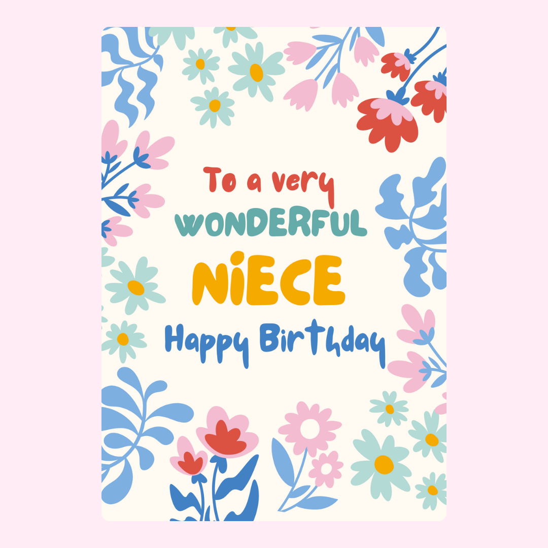 Happy birthday niece card with colourful floral illustration and pastel flowers
