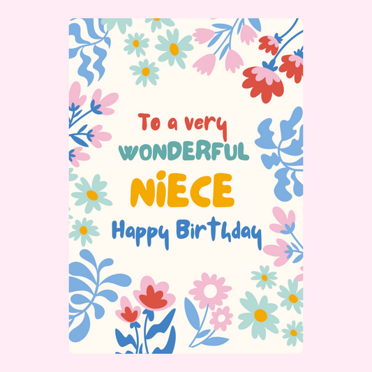 Happy birthday niece card with colourful floral illustration and pastel flowers