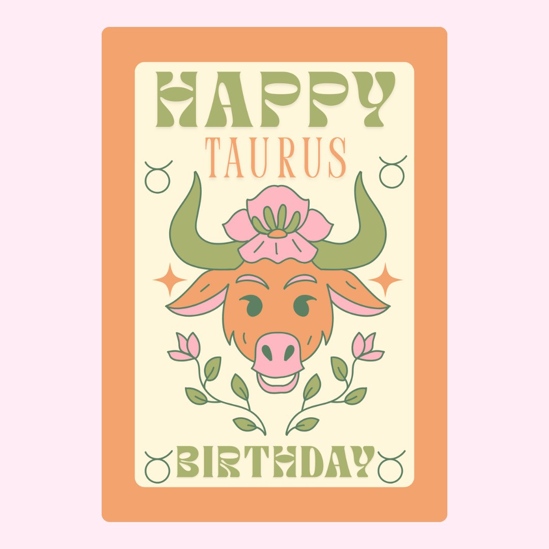 Taurus birthday card with floral bull illustration