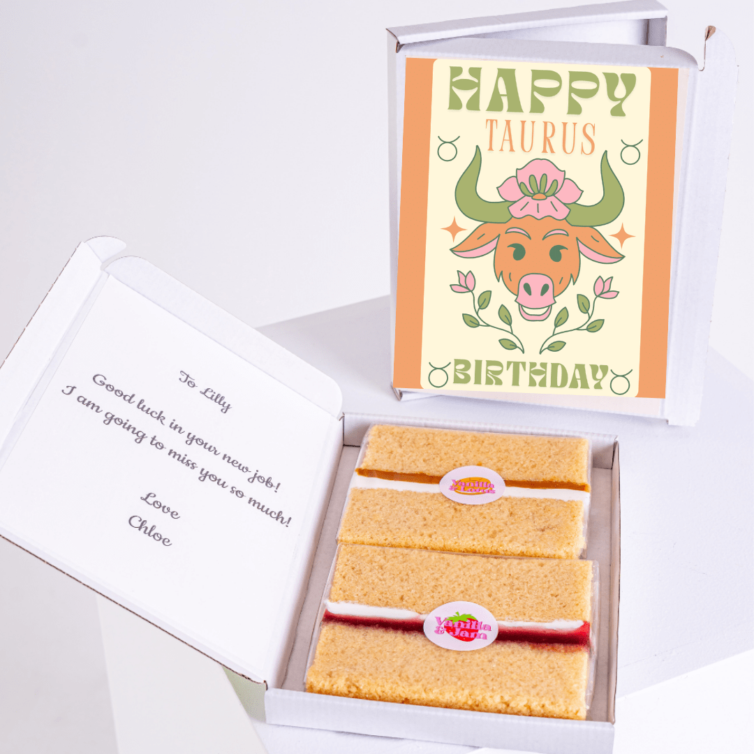 Taurus birthday cake gift box with floral cow design