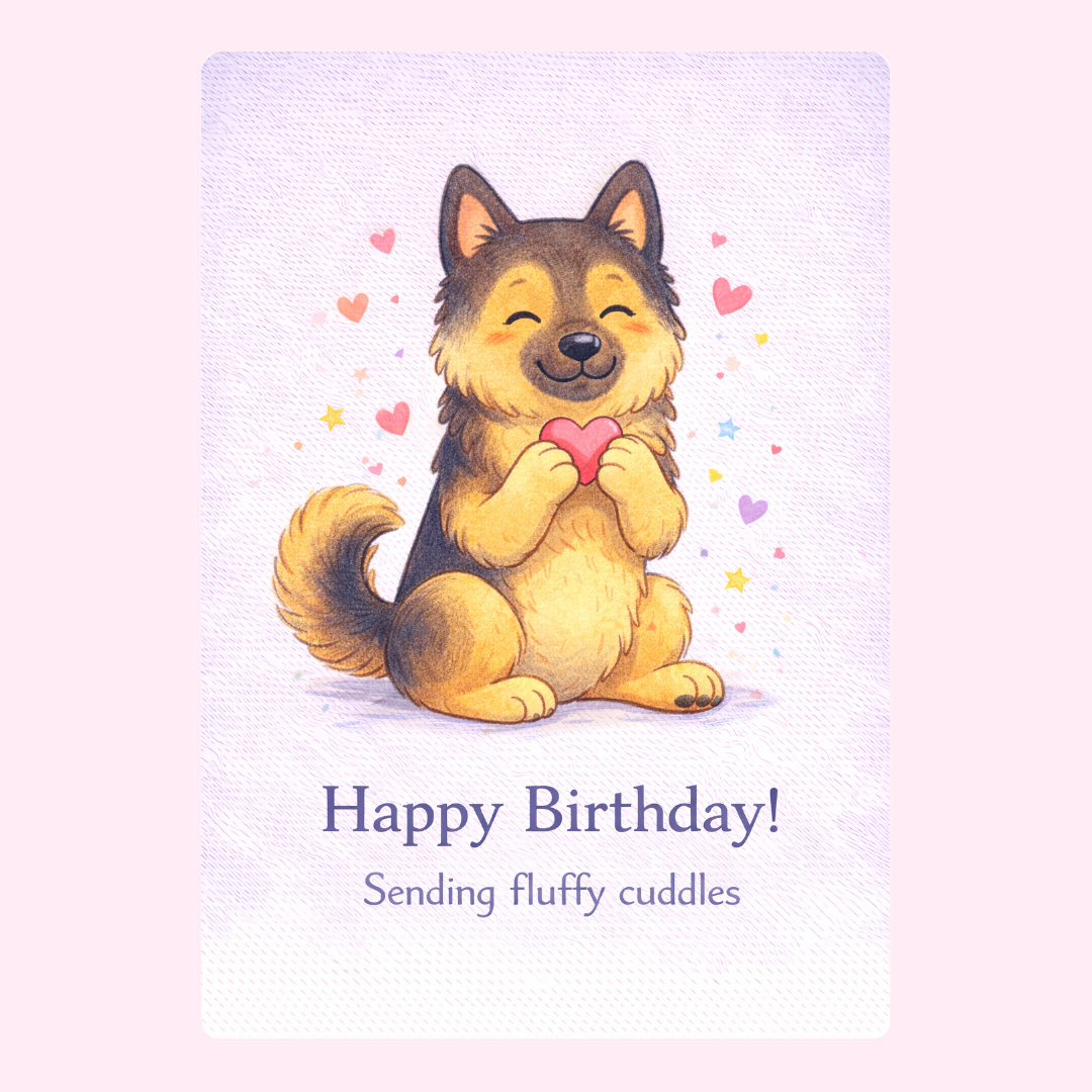 Cute fluffy dog holding heart on happy birthday greeting card