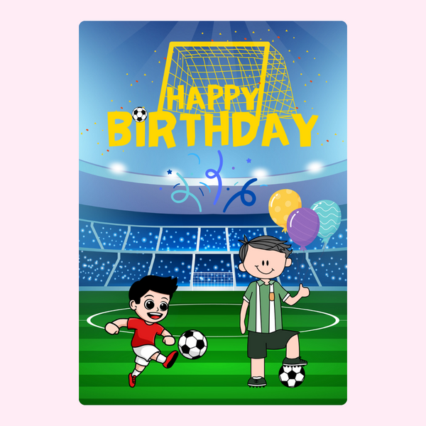kids football birthday card with stadium scene, cartoon boys playing soccer with balloons and happy birthday text in goal net design