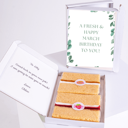 A Fresh and Happy March Birthday edible cake gift box with personalised message and vanilla sponge cake slices