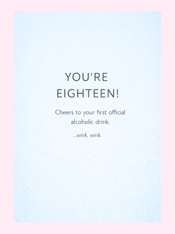 Funny 18th birthday card with message about first alcoholic drink and turning eighteen