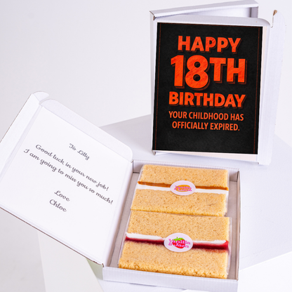 Funny 18th birthday cake card with bold message and mini cake slices inside gift box