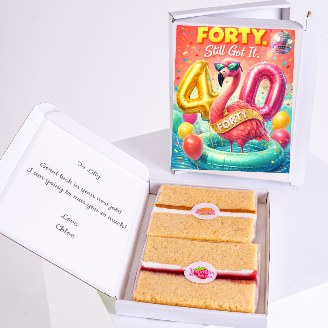 funny 40th birthday cake card with flamingo, balloons and colorful party design
