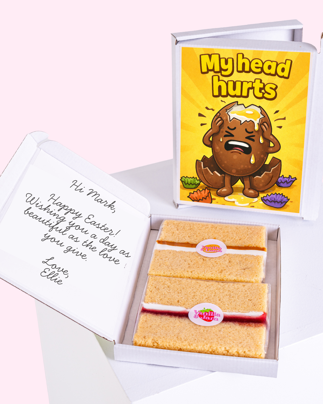 Funny Easter cake gift box with humorous egg greeting card design