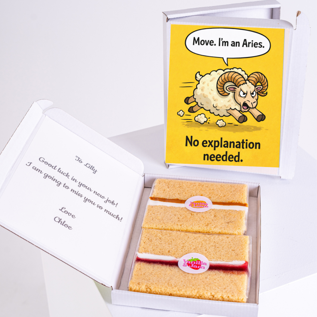 Funny Aries birthday cake gift box with cartoon ram illustration and humorous zodiac quote design