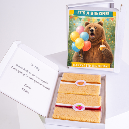 Funny bear 18th birthday cake card with balloons and mini cake slices inside gift box