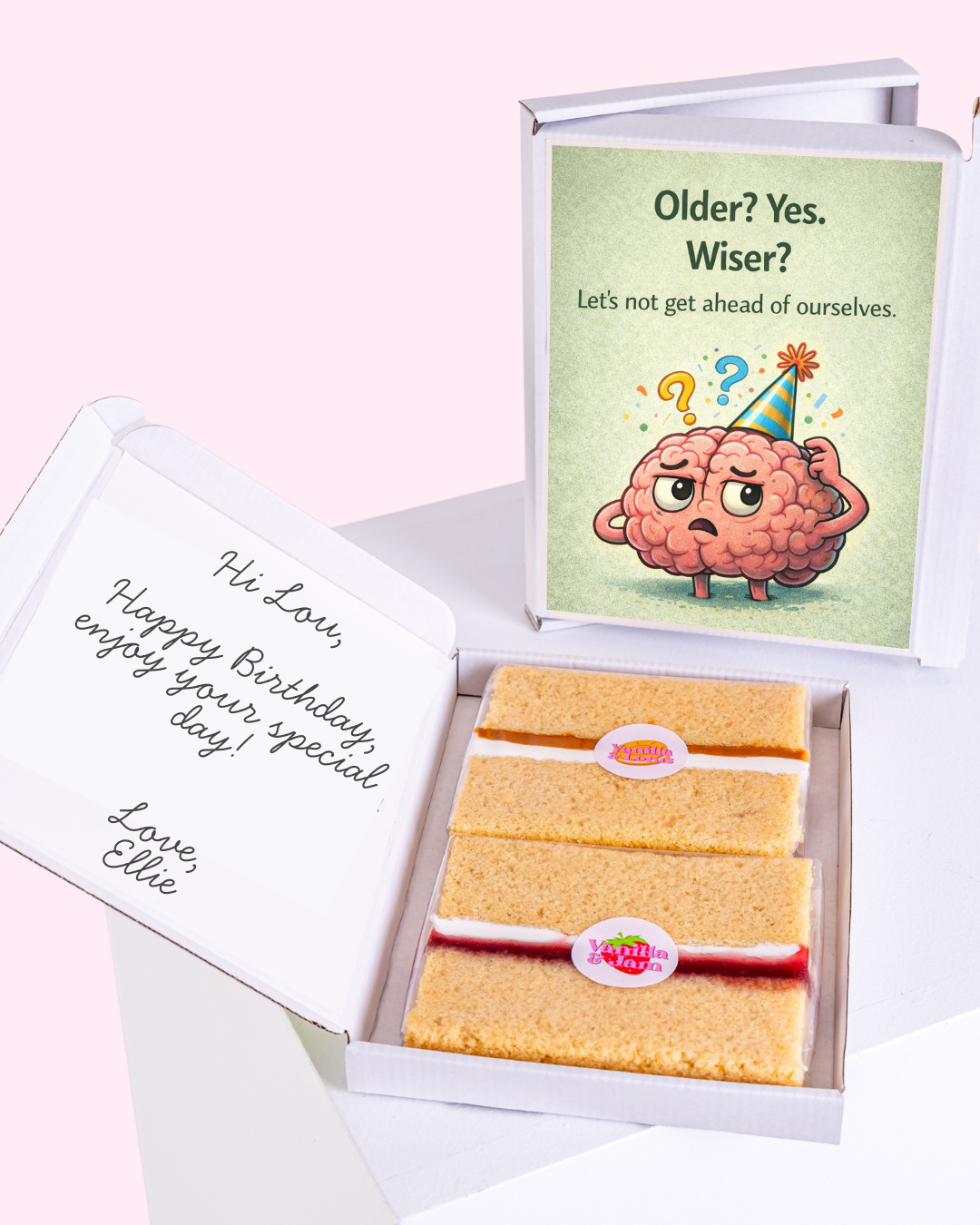 Birthday cake slice gift box with funny older yes wiser lets not get ahead of ourselves brain card