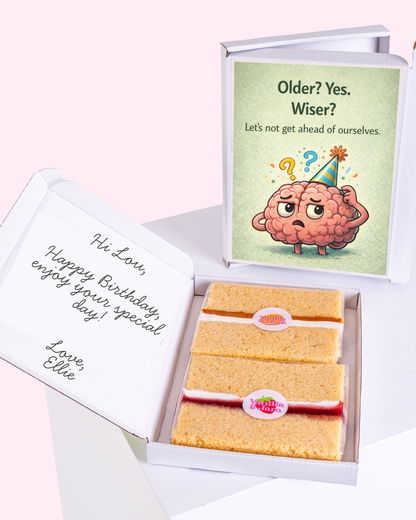 Birthday cake slice gift box with funny older yes wiser lets not get ahead of ourselves brain card