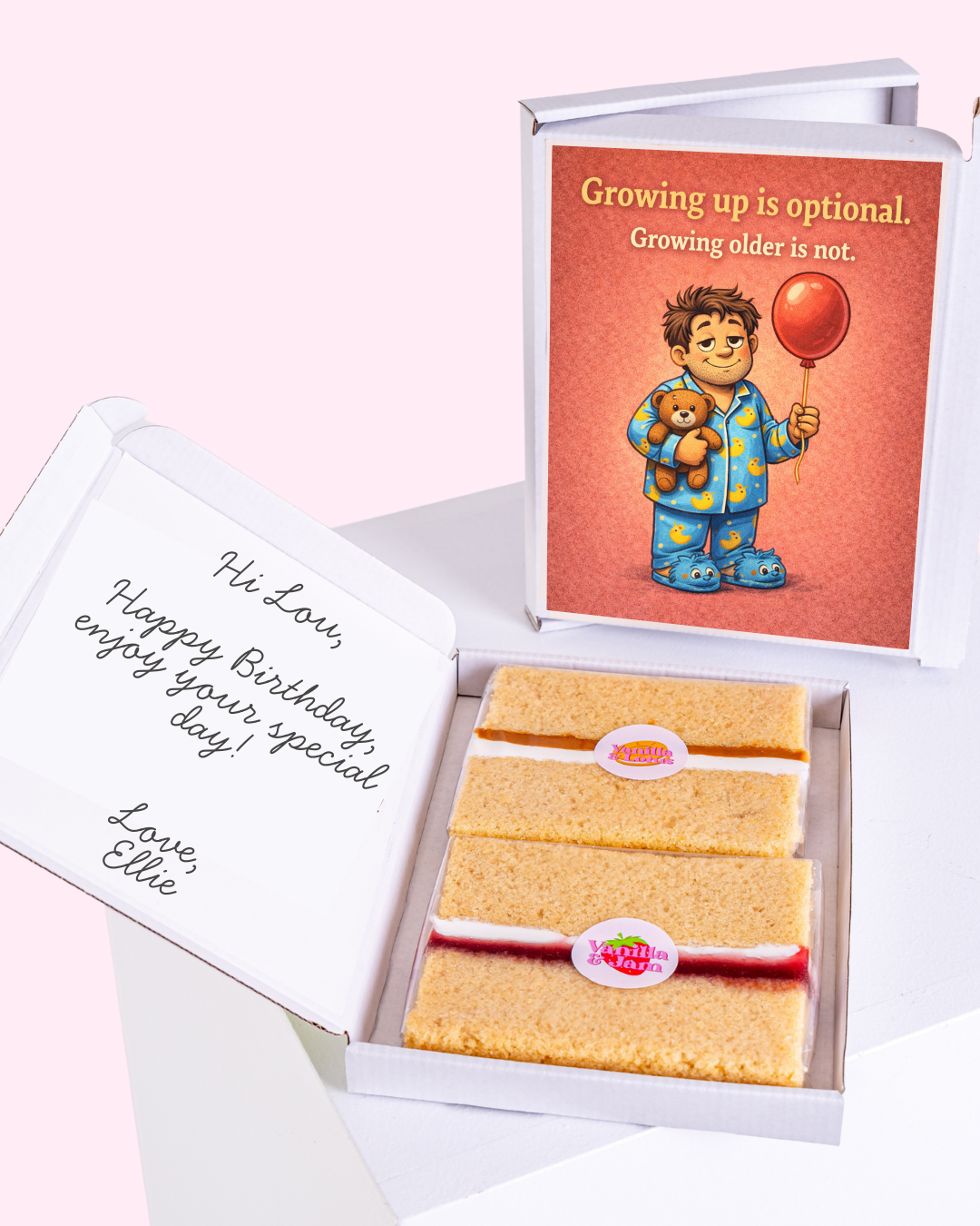 Birthday cake slice gift box with funny growing up is optional growing older is not card