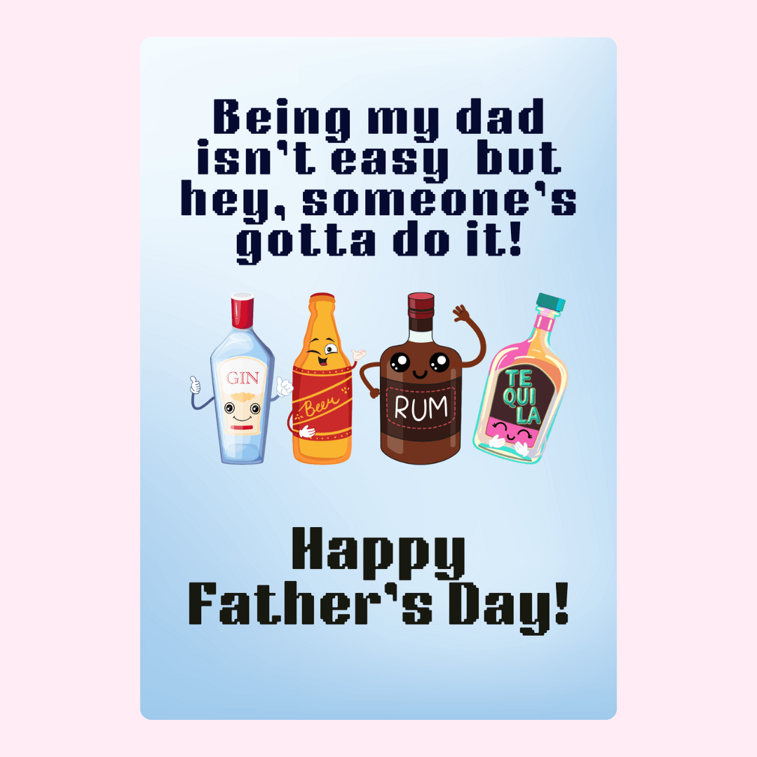 Funny Father's Day card with cartoon drinks and dad joke