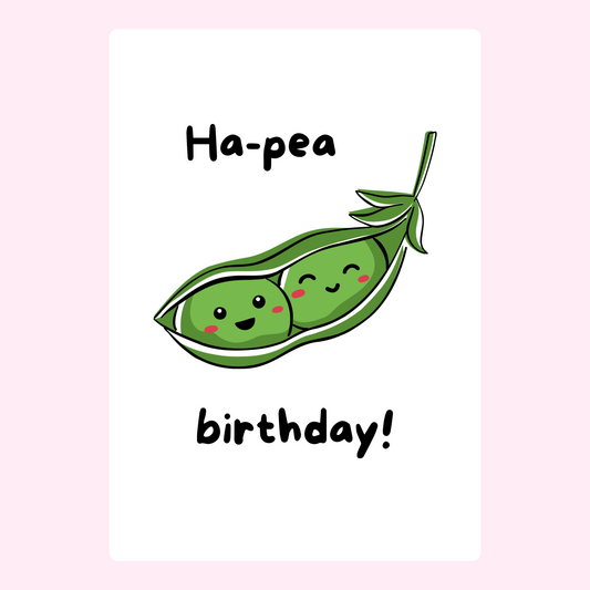 Cute peas in a pod with ha pea birthday text in a playful pun birthday card design
