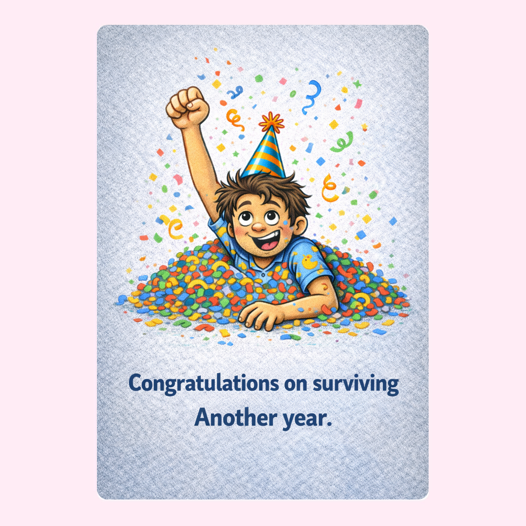 Humorous birthday card with party boy in confetti saying congratulations on surviving another year