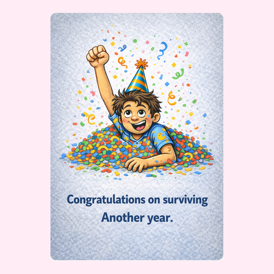 Humorous birthday card with party boy in confetti saying congratulations on surviving another year