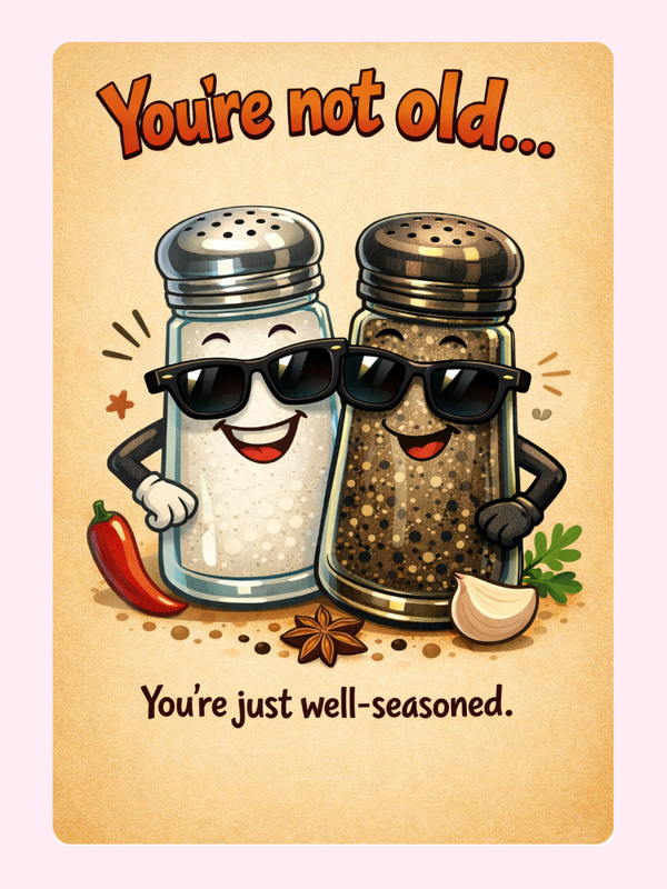 Funny birthday card with salt and pepper shakers saying you're not old you're just well seasoned