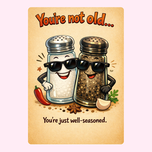 Funny birthday card with salt and pepper shakers saying you're not old you're just well seasoned