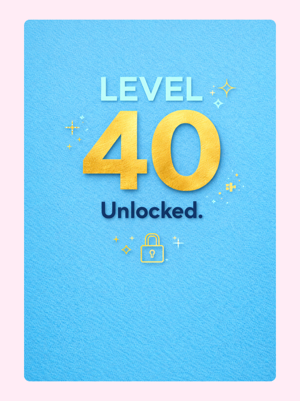 gaming style 40th birthday card with level 40 unlocked text and gold number on blue background