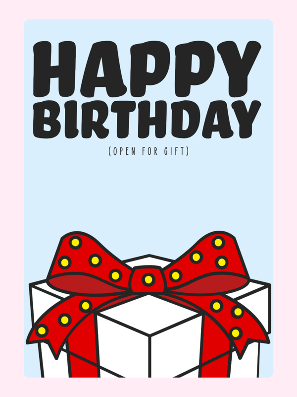Happy birthday card with a gift box and red ribbon