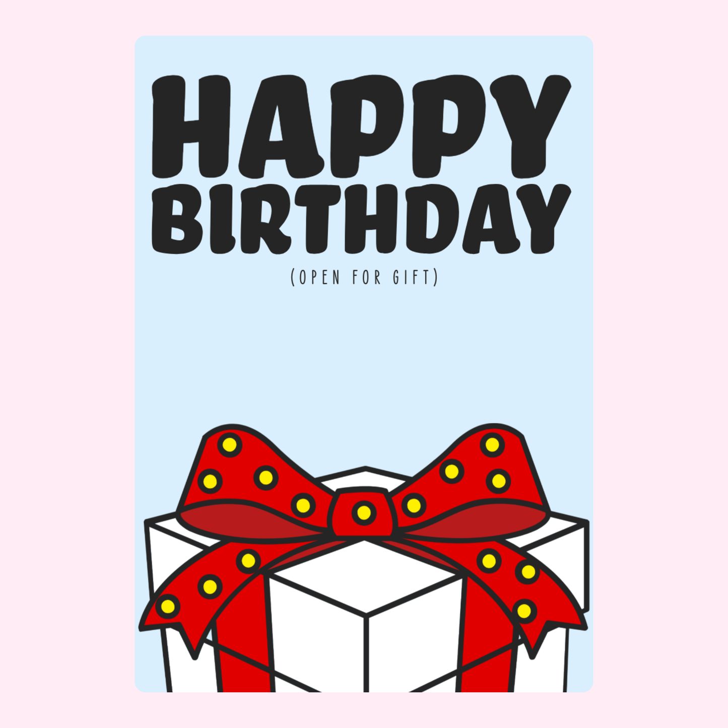 Happy birthday card with a gift box and red ribbon