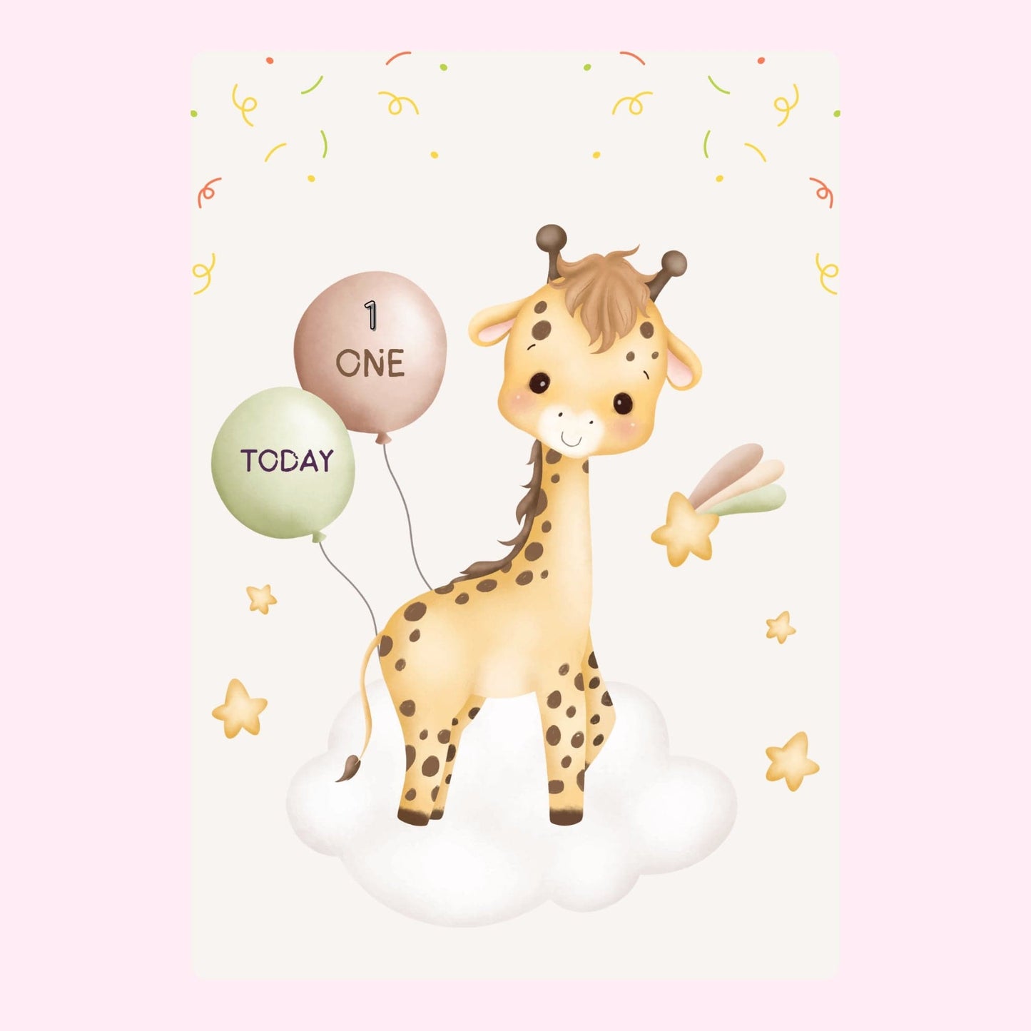Cute giraffe 1st birthday card with balloons and stars
