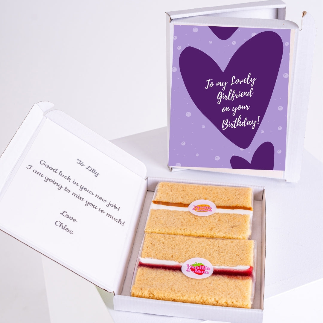 Birthday cake box with purple heart card for lovely girlfriend