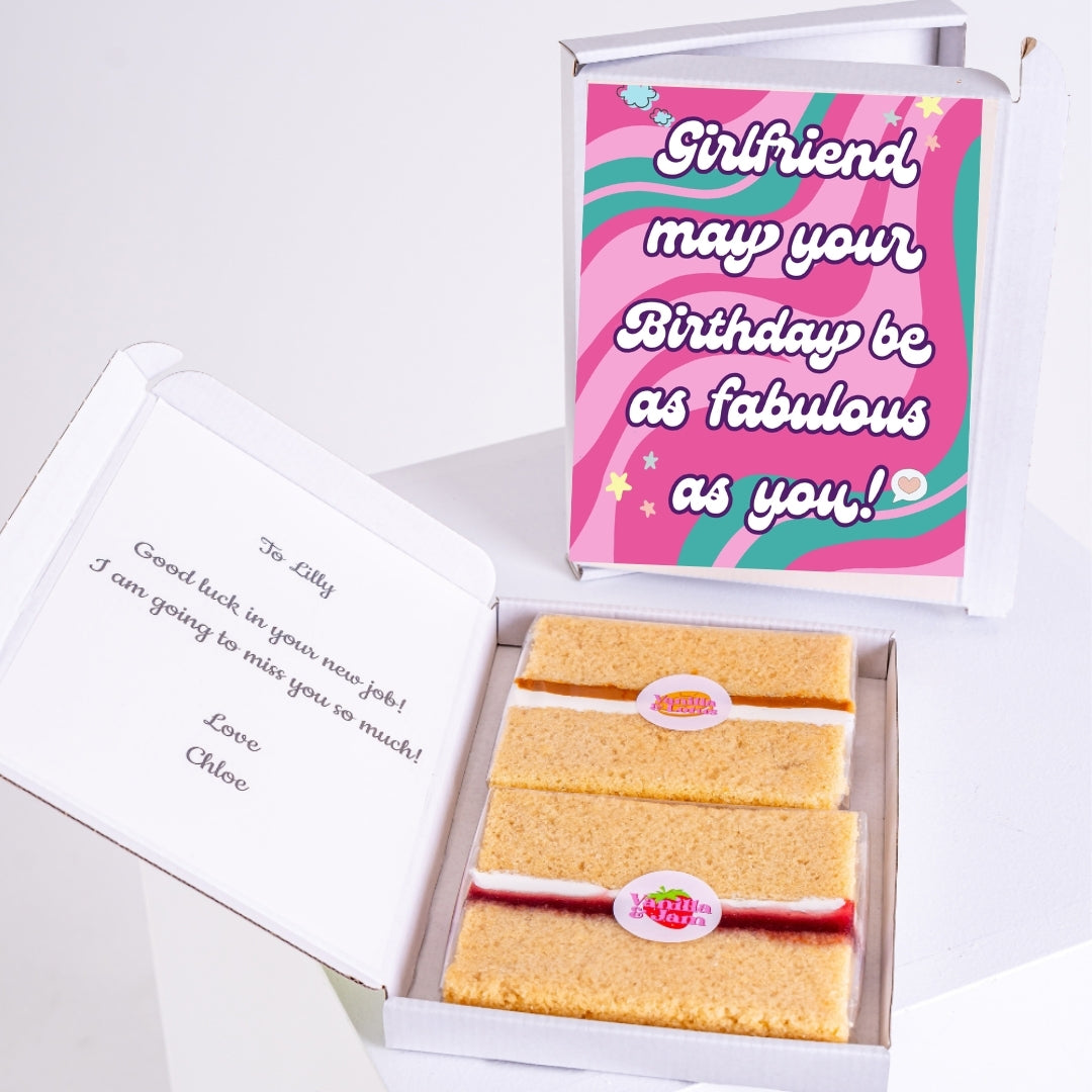 Girlfriend birthday gift box with colorful retro birthday card and cake slices