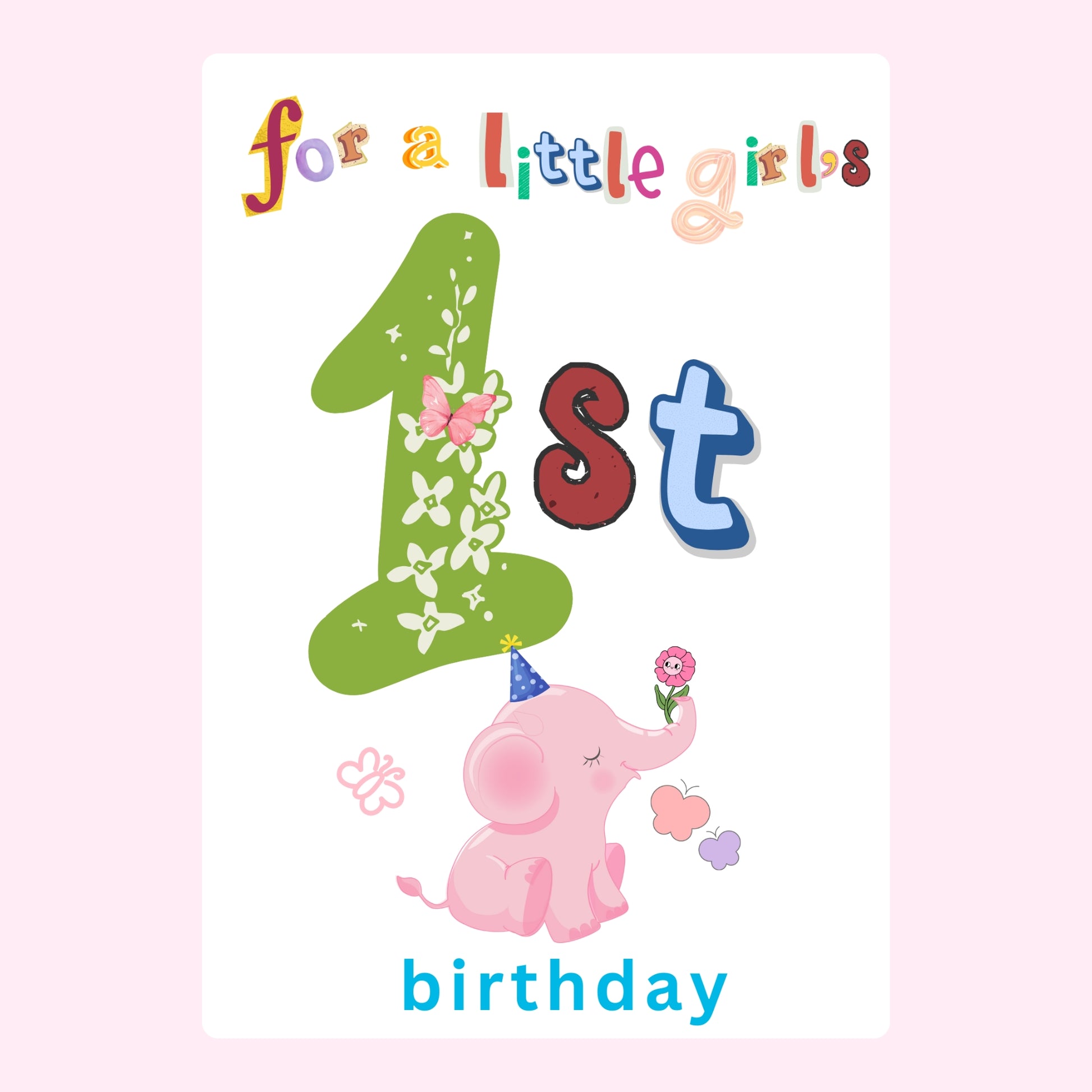 Cute elephant 1st birthday card for little girl
