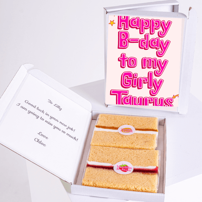 Taurus birthday cake gift box with girly pink text design
