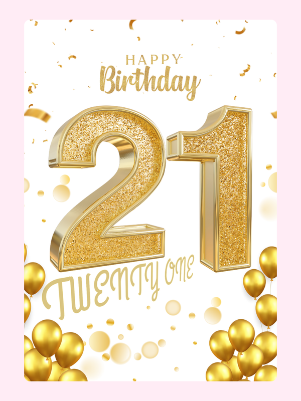 gold 21st birthday card with balloons