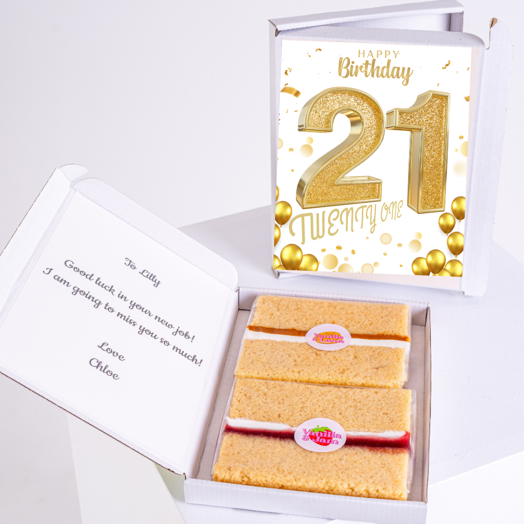 gold 21st birthday cake card with sponge cake