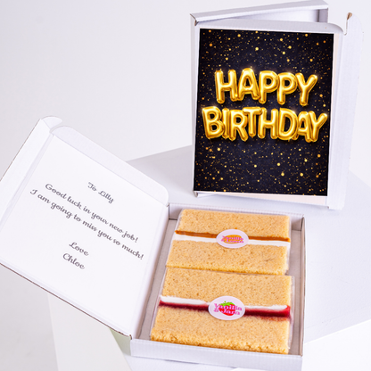 Gold balloon happy birthday card with cake gift box